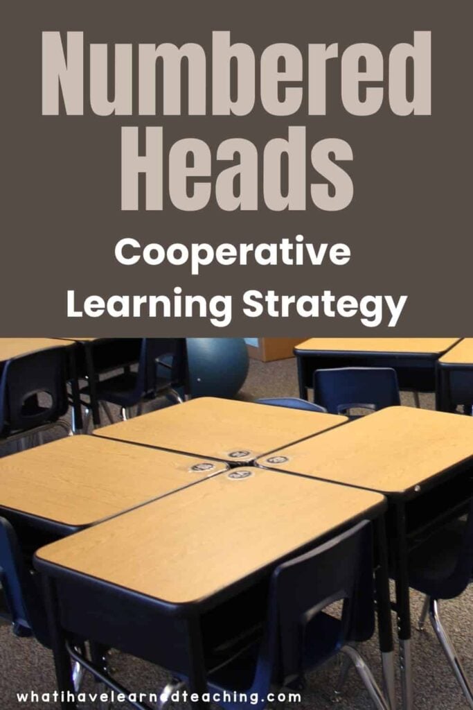 Numbered Heads Together Strategy: A Simple Cooperative Learning Routine That Gets Every Student Involved 1 A group of classroom desks with chairs, displaying the text: “Numbered Heads” above them. The website whatihavelearnedteaching.com is shown at the bottom.