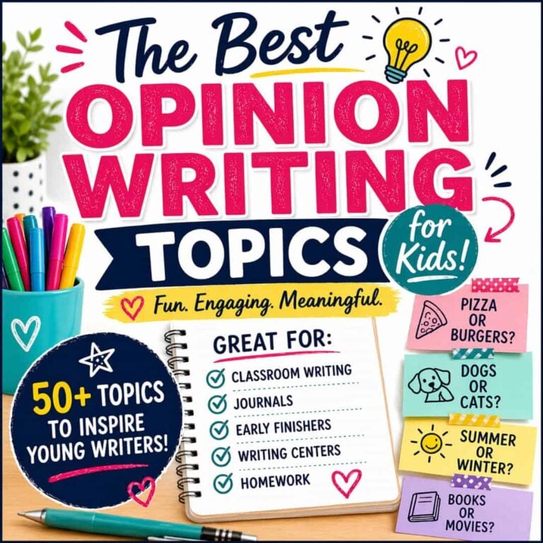 Colorful graphic titled &ldquo;Opinion Writing Topics for KidsSquare (1)&rdquo; featuring a notebook, pens, and sticky notes with fun choices like pizza or burgers, dogs or cats, summer or winter&mdash;plus 50+ engaging opinion writing prompts for kids.