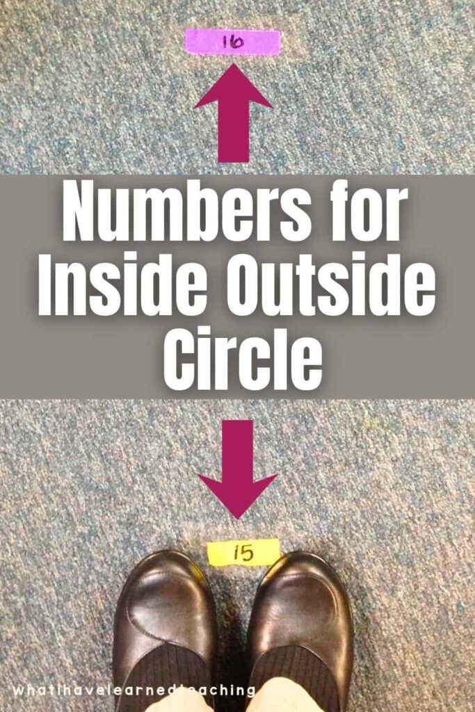 A person stands on a yellow strip labeled &ldquo;15&rdquo; on carpet, facing a purple strip labeled &ldquo;16,&rdquo; both part of the PIN Inside Outside Circle (1)&mdash;an ideal setup to boost student engagement in cooperative learning activities.