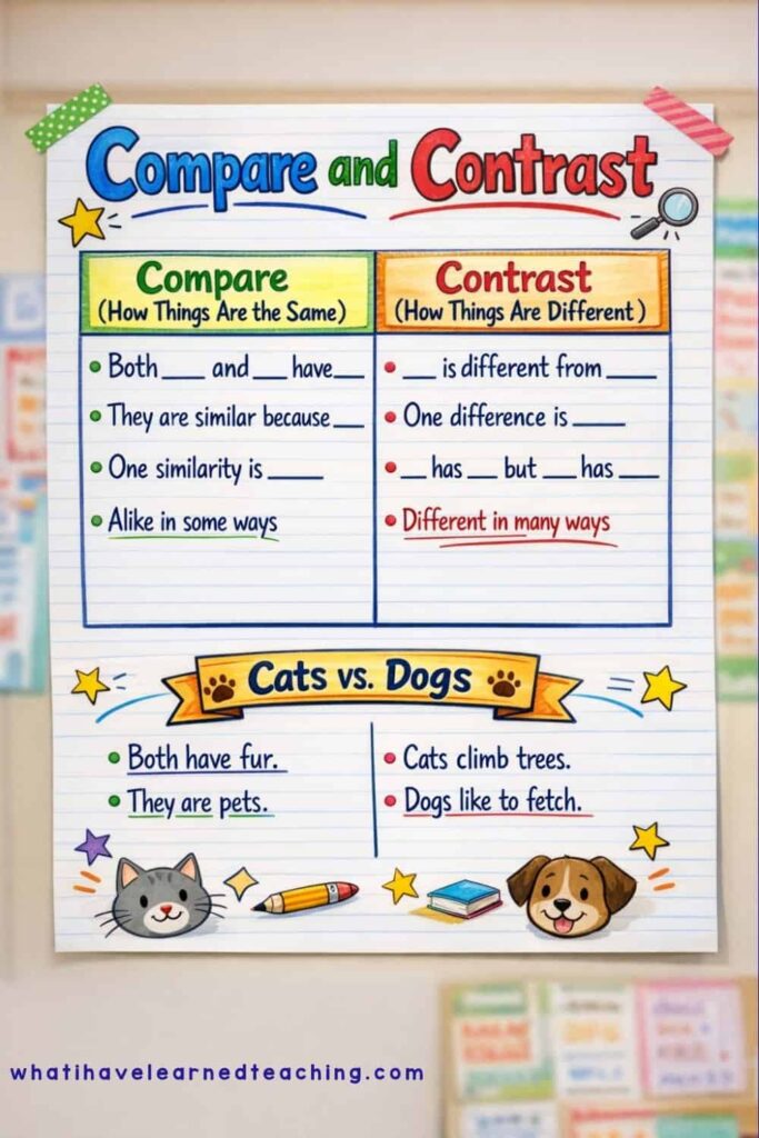 The PIN _ Compare and Contrast Topics (2) poster helps students learn similarities and differences using examples about cats and dogs, featuring colorful cartoon images of both animals at the bottom.