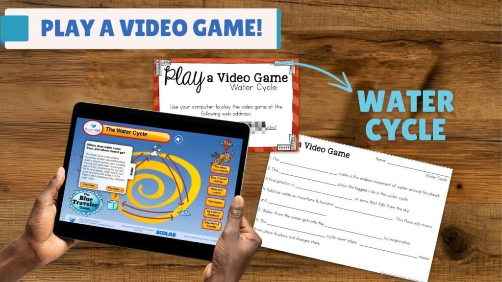 A hand holds a tablet featuring PREVIEW 2715132 PLAY a Game - Weather & Climate - 3rd Grade_1, with two worksheets titled "Play a Video Game Water Cycle" and "Video Game," all on a wooden surface&mdash;ideal for weather and climate science stations.