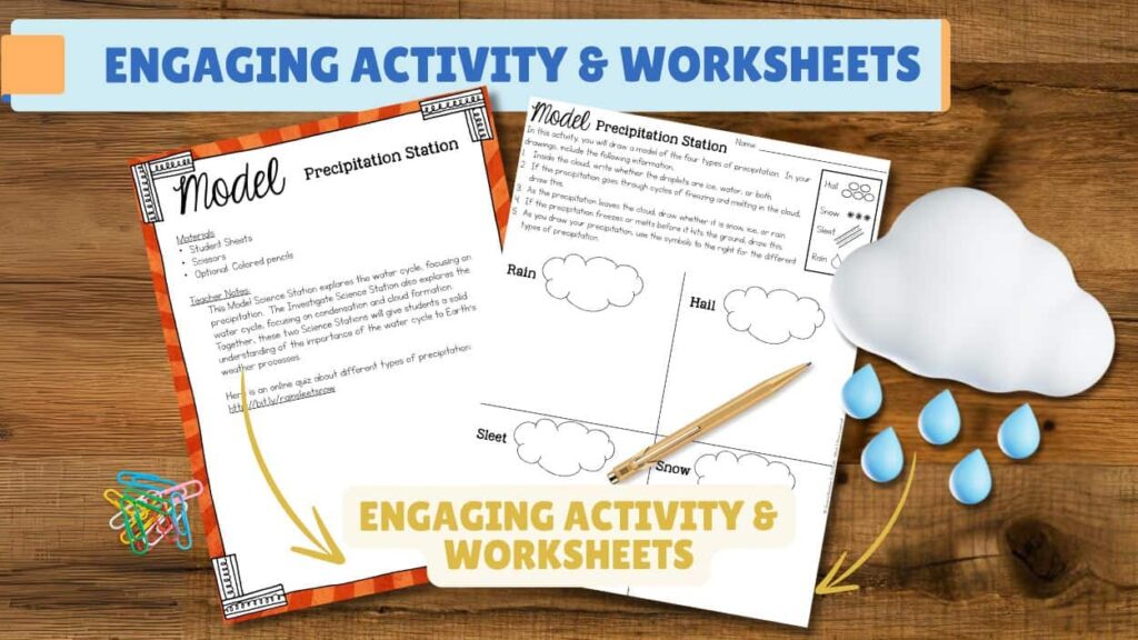 The PREVIEW 2715138 MODEL Types of Precipitation - Weather & Climate 3rd Grade _1 shows two precipitation-themed science station worksheets on a wooden table with a pencil, cloud, raindrops, and a bold ENGAGING ACTIVITY & WORKSHEETS banner.