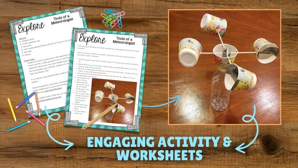The PREVIEW 2715139 EXPLORE Meteorological Tools - Weather & Climate 3rd Grade_1 shows two worksheets next to a homemade anemometer made from a plastic bottle, straws, and paper cups&mdash;an engaging weather and climate science activity.