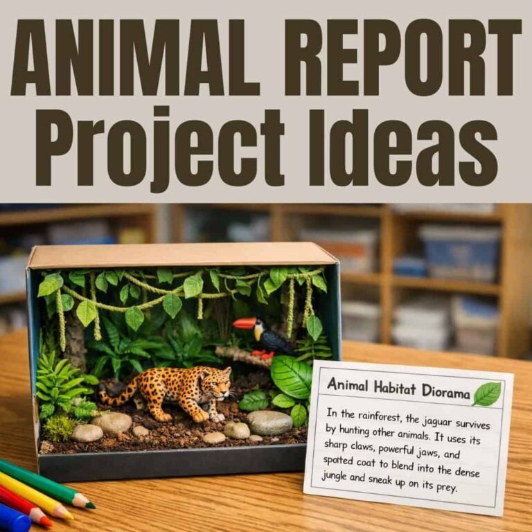 A rainforest diorama featuring a jaguar and bird sits on a table. A card explains the jaguar&rsquo;s survival adaptations. Text above reads: SQUARE Animal Report Project Ideas&mdash;perfect for animal research projects.