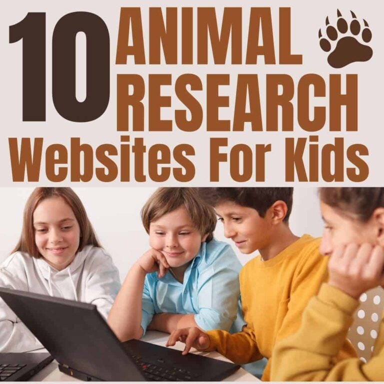 Four kids smile at a laptop. Above them, bold text says &ldquo;SQUARE Animal Research Websites (1),&rdquo; showcasing top online resources for young animal lovers, with a paw print icon for extra fun.