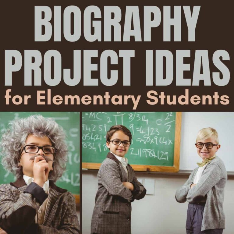 Three children stand before a chalkboard, presenting the SQUARE Biography Project Ideas product—packed with fun biography activities and inspiration for elementary students. Bold above reads, SQUARE Biography Project Ideas.