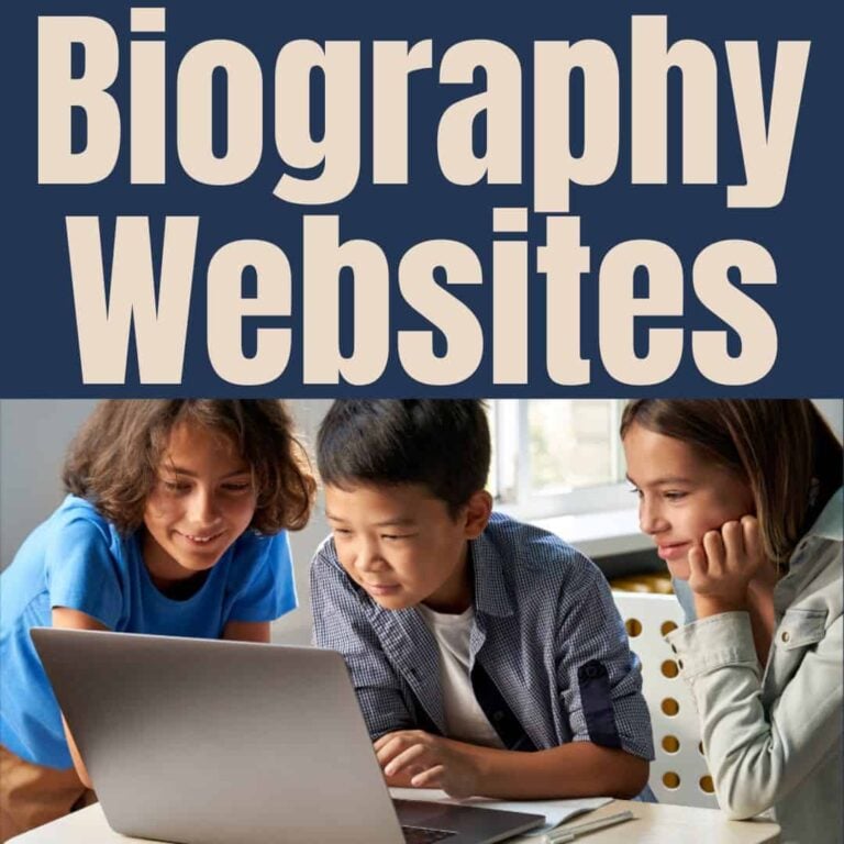 Three children sit at a table, smiling and looking at a laptop screen together. Above them, large text reads Biography Websites, perfect for kids searching for engaging biography websites for students.