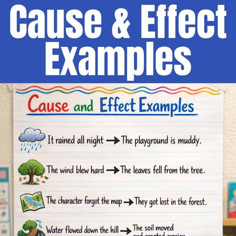 The SQUARE Cause and Effect Examples classroom poster shows four illustrated cause and effect examples, like rain creating a muddy playground and wind causing leaves to fall, with each example featuring a clear drawing.