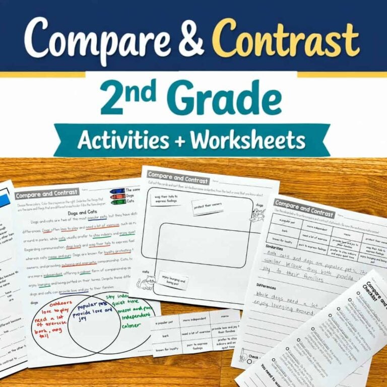 A bright display of SQUARE Compare & Contrast 2nd grade worksheets, with graphic organizers and text activities arranged neatly on a wooden surface.