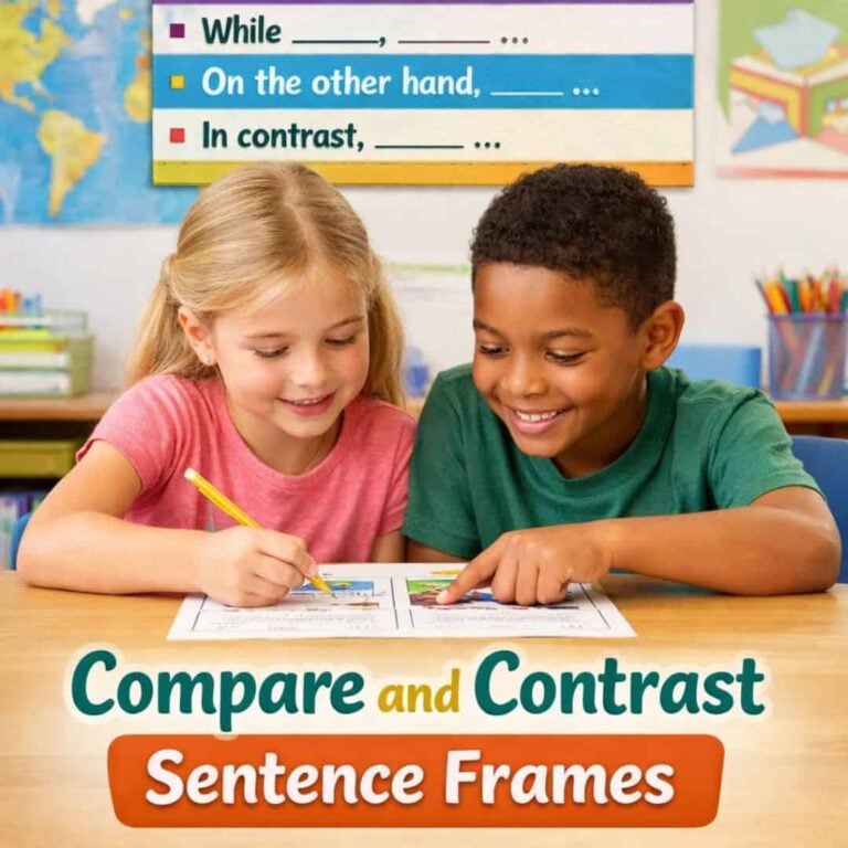 Two young children sit at a desk, smiling as they work on worksheets. Behind them, a classroom wall displays SQUARE Compare and Contrast Sentence Frames with helpful sentence starters. Text reads: SQUARE Compare and Contrast Sentence Frames.