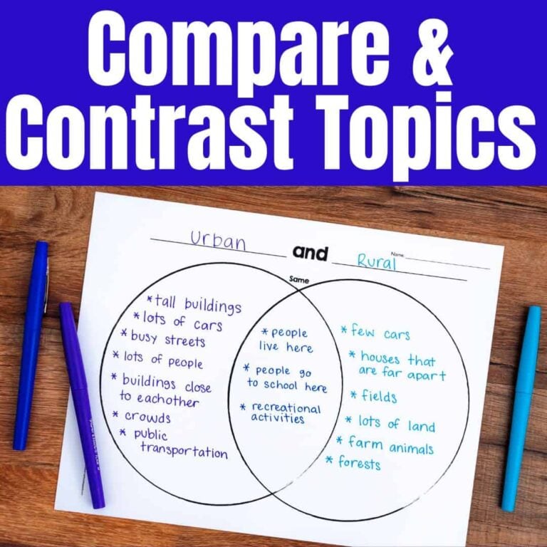 The SQUARE Compare and Contrast Topics tool helps compare urban areas with tall buildings and rural areas with fields&mdash;both sharing people and schools&mdash;using handwritten notes and colorful pens beside a Venn diagram.