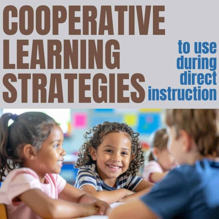 Three young children sit at a table, smiling and talking, with colorful classroom decorations in the background. Large text reads: SQUARE Cooperative Learning Strategies to boost engagement during direct instruction.