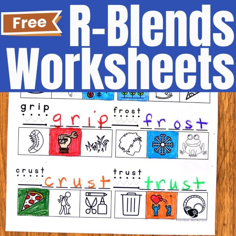 SQUARE Free R Blends Worksheets: First grade pages with R-blend words (grip, frost, crust, trust), each matched to pictures and colored letters. The top banner says "Free R-Blends Worksheets." Download your free PDF today!.