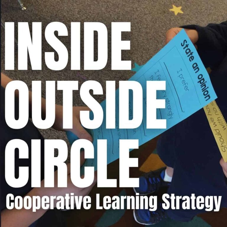 Two students hold the SQUARE Inside Outside Circle (1) worksheet titled "State an Opinion." Large white text reads: Inside Outside Circle Cooperative Learning Strategy, showing student engagement as they sit on a carpeted floor.
