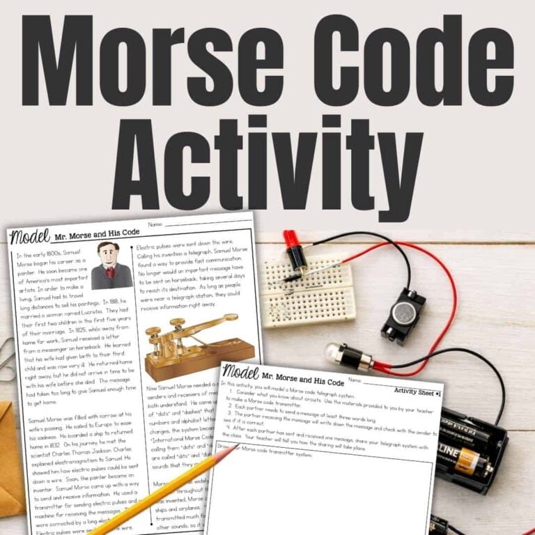 The SQUARE Morse Code Activity worksheet includes info on Samuel Morse, images of a telegraph, and a hands-on Morse code project featuring a breadboard circuit, wires, battery, and electronic components on a wooden surface.