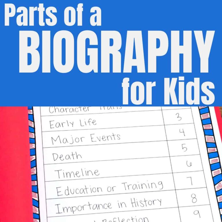 A colorful educational chart titled Parts of a BIOGRAPHY for Kids lists biography sections: character traits, early life, major events, death, timeline, education or training, importance in history, and reflection.