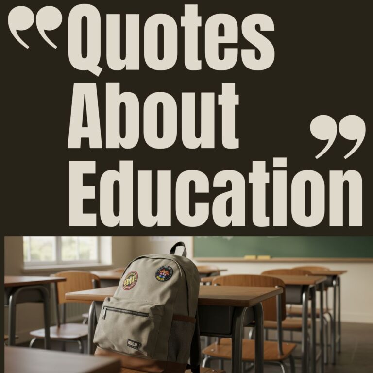 A classroom with empty desks and a backpack on one chair, overlaid with large bold text: SQUARE Quotes about Education.