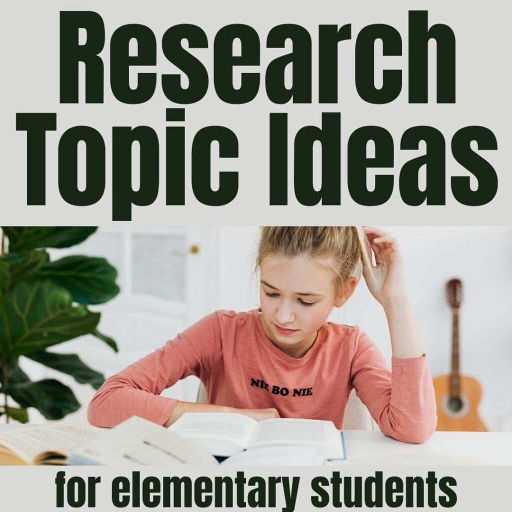 A young girl sits at a table reading and writing under bold text that reads "SQUARE Research Topics for students," highlighting creative topics. A plant and guitar decorate the background.