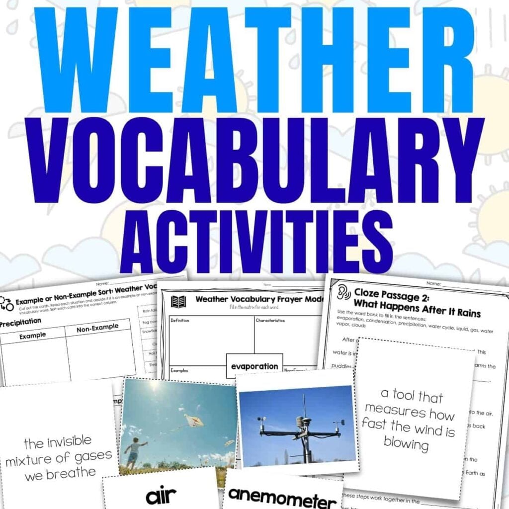 Collage featuring the bold text "SQUARE Weather Vocabulary Activities (1)" above worksheets and flashcards with weather terms such as air and anemometer, and illustrations of weather scenes and tools.