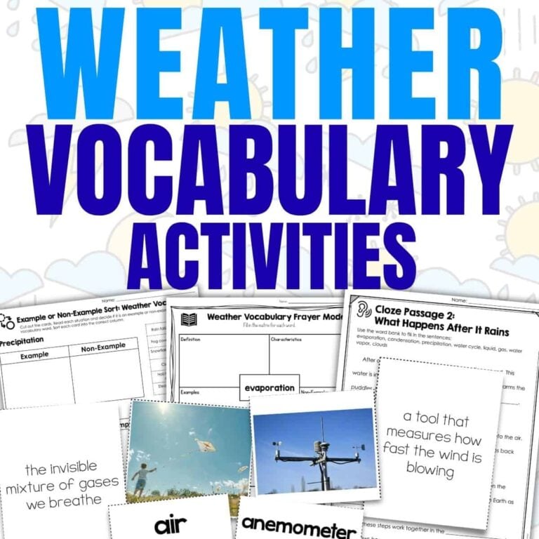 Collage featuring the bold text "SQUARE Weather Vocabulary Activities (1)" above worksheets and flashcards with weather terms such as air and anemometer, and illustrations of weather scenes and tools.
