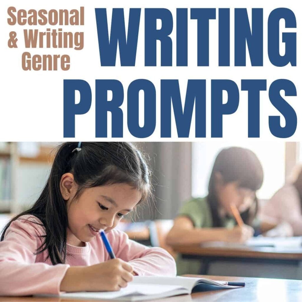 A young girl writes in a notebook at her desk in a classroom, with other children writing behind her. Large text reads: SQUARE Writing Prompts for Kids—seasonal and genre-based prompts to inspire young writers.