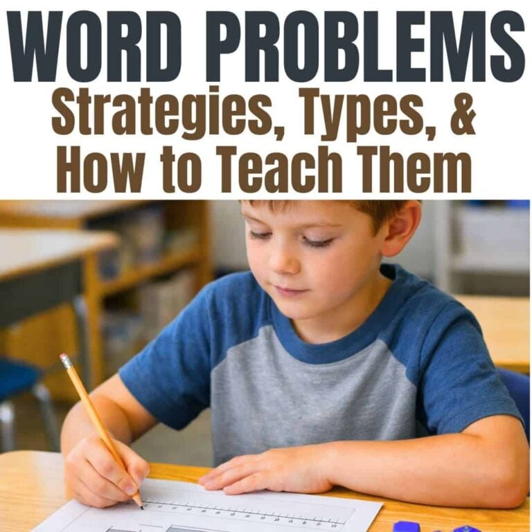 A young boy sits at a desk, solving problems with a pencil. Above him: SQUARE word-problems-in-math&mdash;Strategies, Types, & How to Teach Them. Classroom furniture appears in the background.