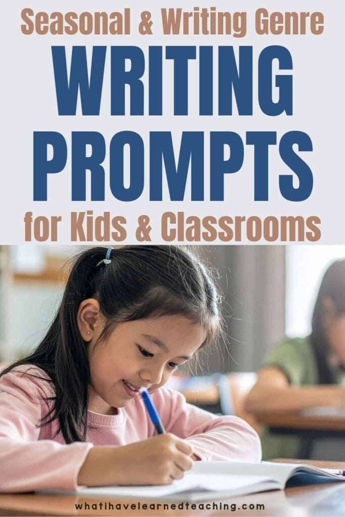 A young girl smiles as she writes in a notebook at her classroom desk. Text above reads: Writing Prompts for Kids1&mdash;engaging and inspiring seasonal and genre prompts for classroom use.