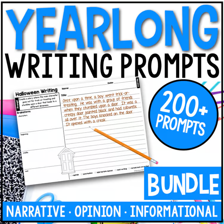 Image shows a Yearlong Writing Prompts bundle featuring 200+ prompts for kids. Includes a Halloween sample page, pencils, and labels for narrative, opinion, and informational prompts. Blue and black text on a white background.