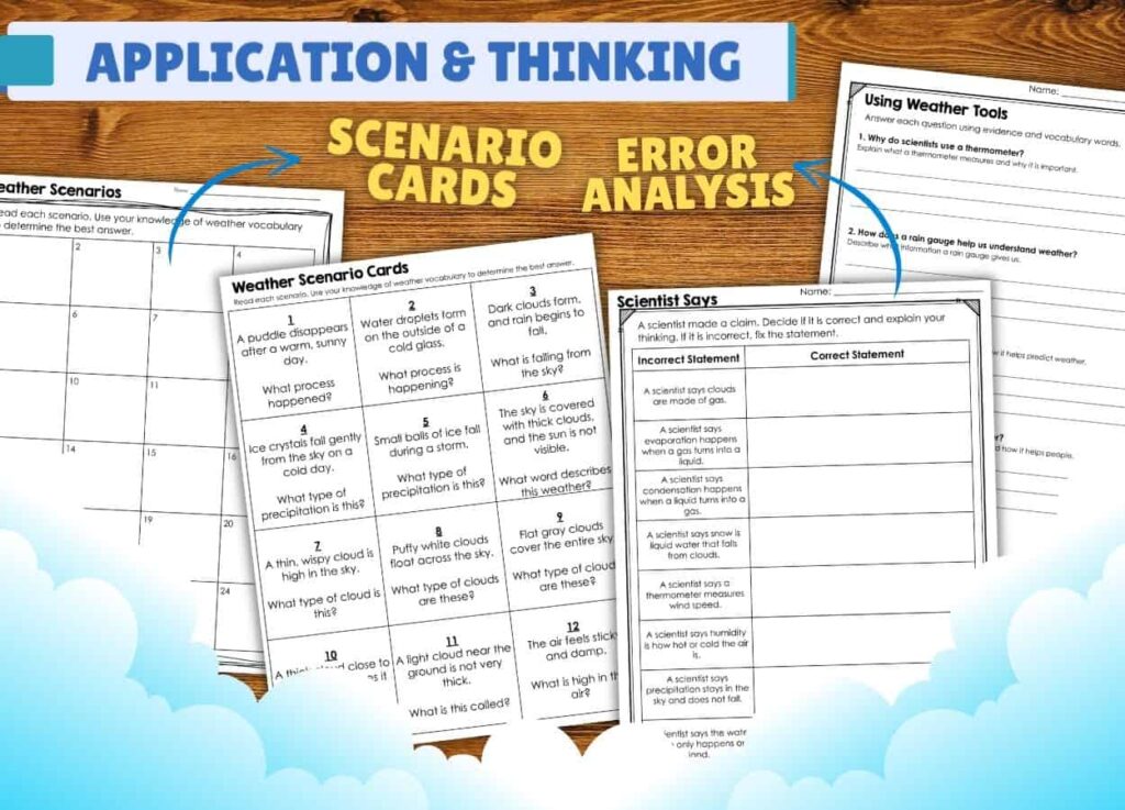 Weather Application" printed worksheets on a wooden surface, featuring scenario cards, error analysis, and Weather Vocabulary Activities for weather learning. Blue sky and clouds decorate the bottom edge.