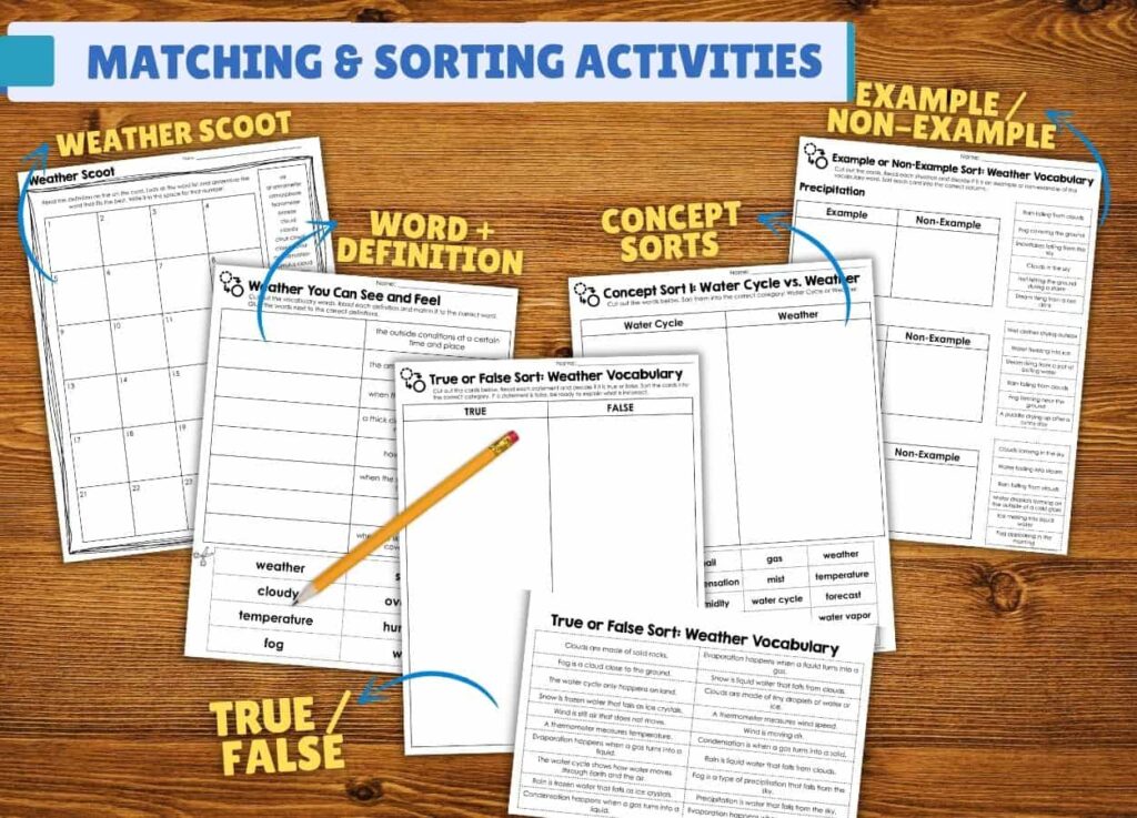 Six weather matching and sorting worksheet pages are spread on a wooden table. Labels show activity types: vocabulary matching, Weather Scoot, word/definition, concept sorts, true/false, and example/non-example&mdash;perfect for test prep. A pencil is in the center.
