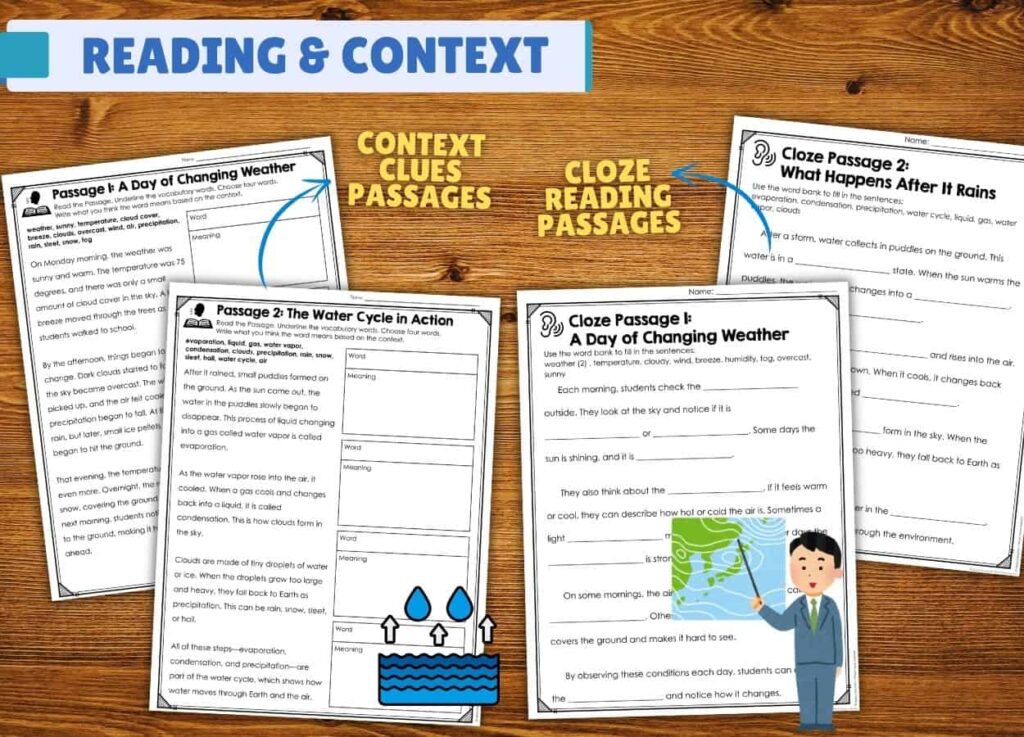 Four weather reading and context passages are arranged on a wooden table, showing activities like context clues and cloze reading with arrows pointing to various weather vocabulary exercises.