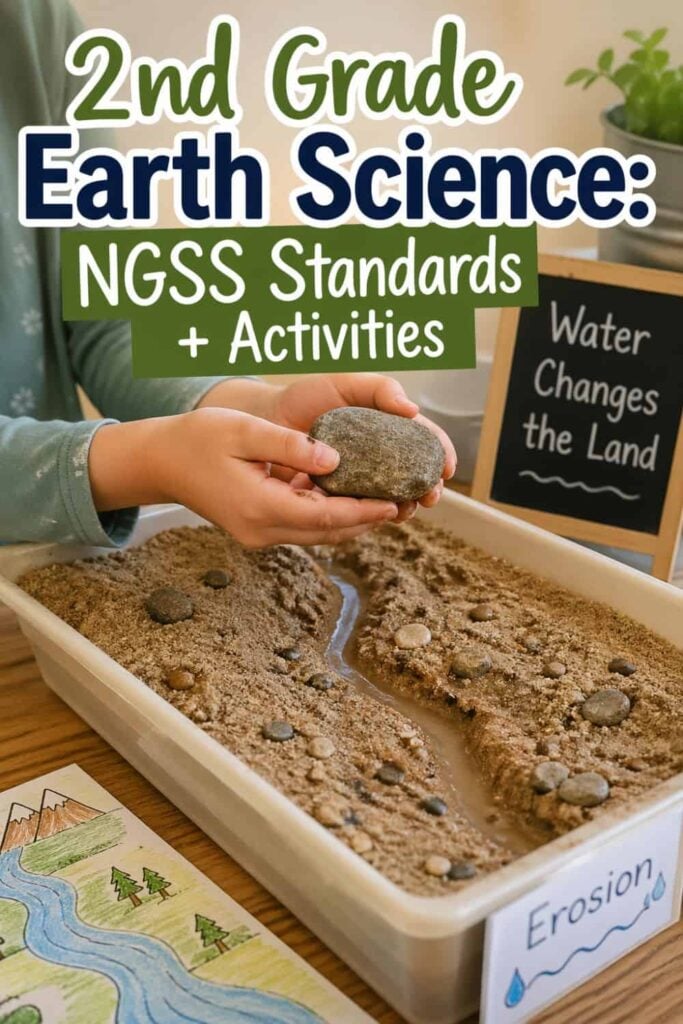 A child simulates erosion with sand, rocks, and water over a tray. A sign says "Water Changes the Land." 2nd grade earth science brings NGSS-aligned standards and activities to life!.