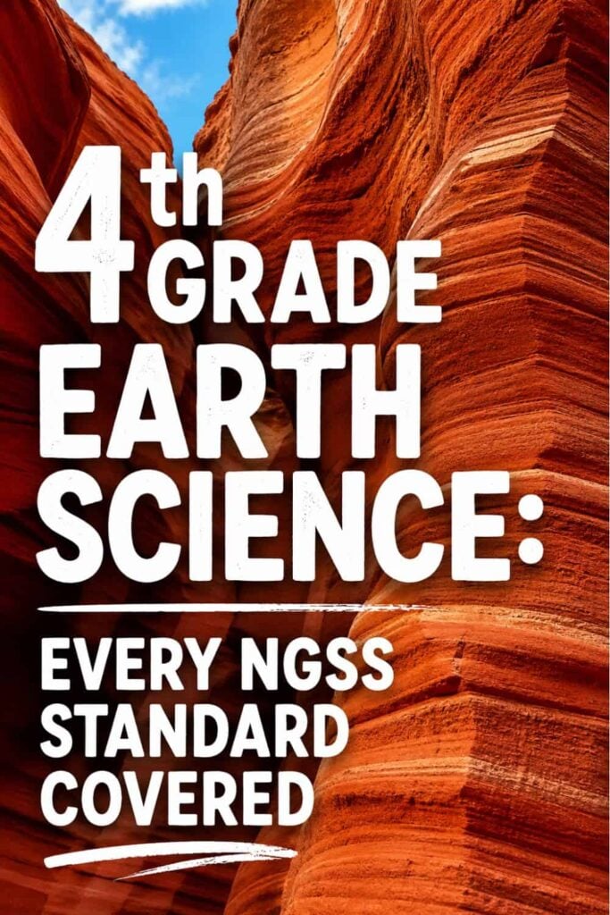 Text reads: &ldquo;4th Grade Earth Science - All NGSS Standards Included&rdquo; over a vibrant background of red and orange layered rock formations beneath a brilliant blue sky.