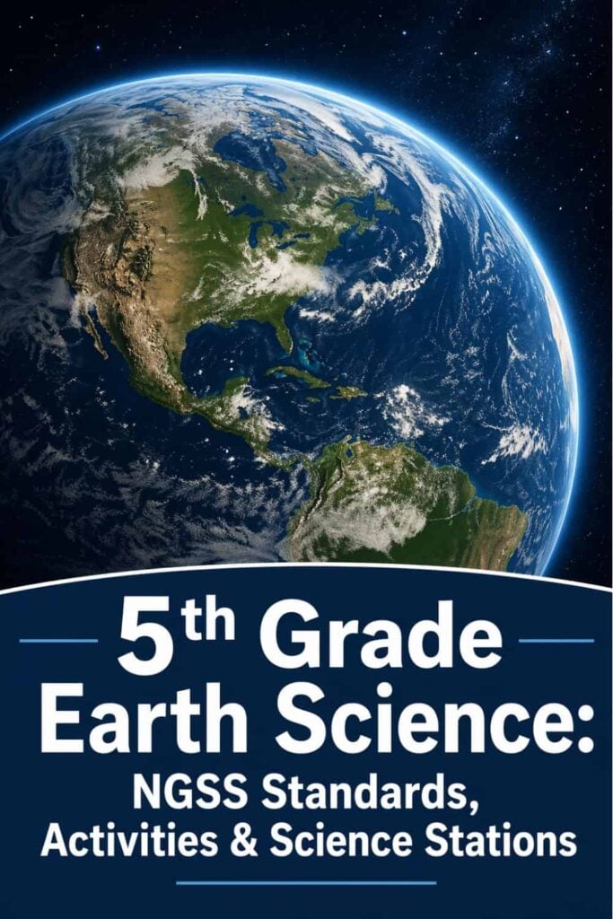A view of Earth from space with the Americas visible. Text below reads: 5th grade earth science&mdash;ideal for building strong foundations with NGSS standards, engaging activities, and science stations.