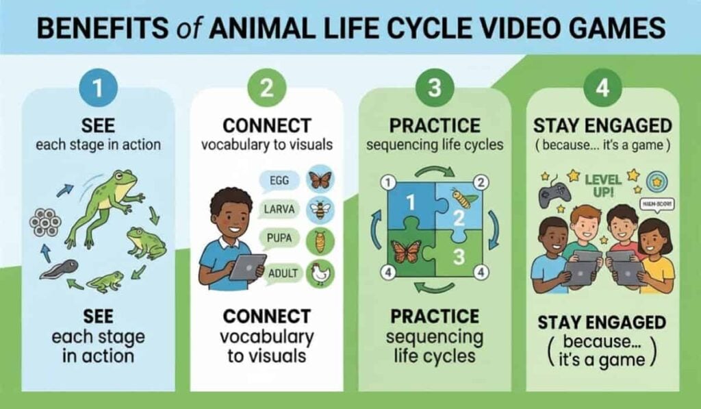 Infographic highlights four benefits of Animal Life Cycle Games (1): view each life stage, link vocabulary to visuals, practice sequencing cycles, and engage through gameplay. Each point features supportive illustrations.