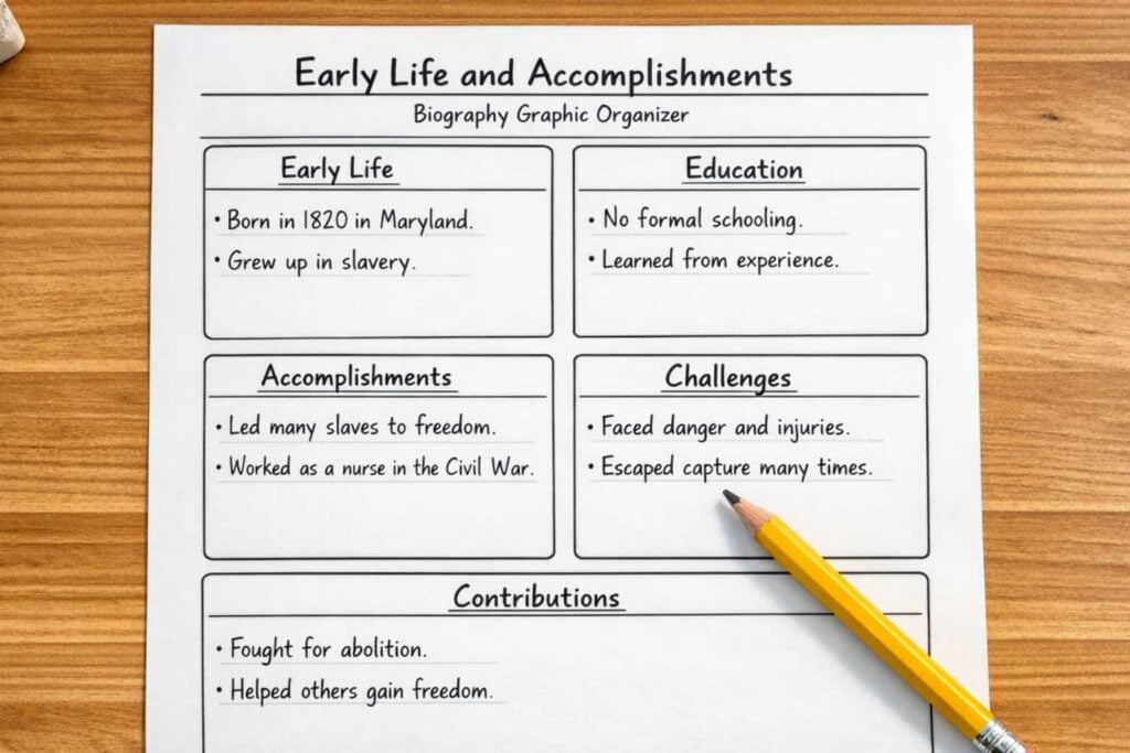 The Biography Early Life graphic organizer features sections for Early Life, Education, Accomplishments, Challenges, and Contributions, partially filled in by hand with a yellow pencil on a wooden surface.