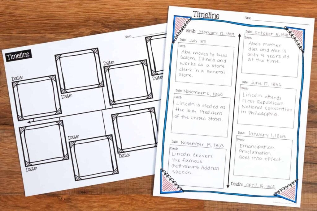 Two sheets on a wooden surface: one blank Biography Timeline template with boxes for events and dates, and another sheet showing graphic organizers for biographies, filled with key Abraham Lincoln events in blue and red borders.