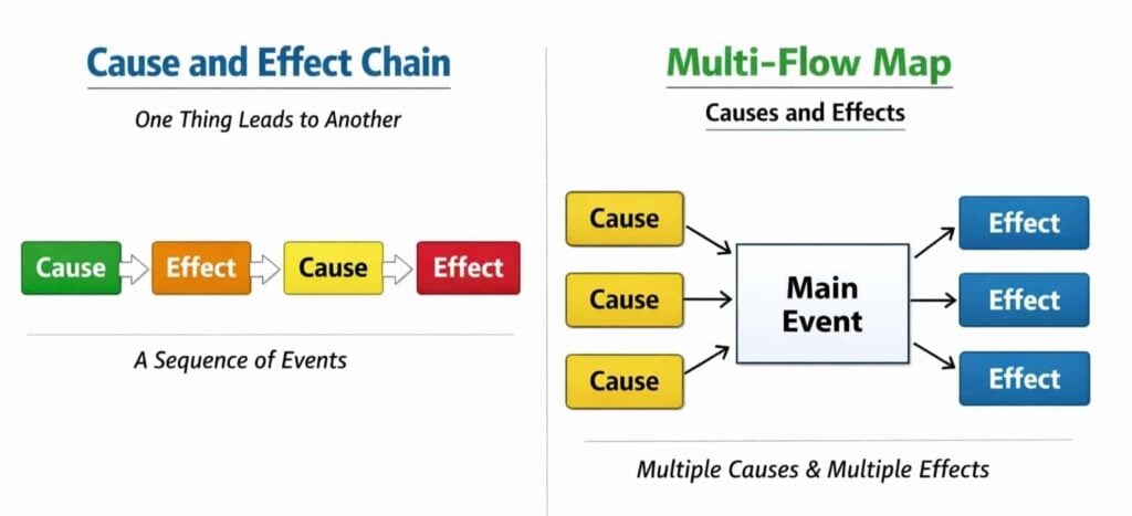 Cause and Effect Graphic Organizers compare a cause and effect chain with a multi-flow map, showing how multiple causes and effects are linked to a central main event.