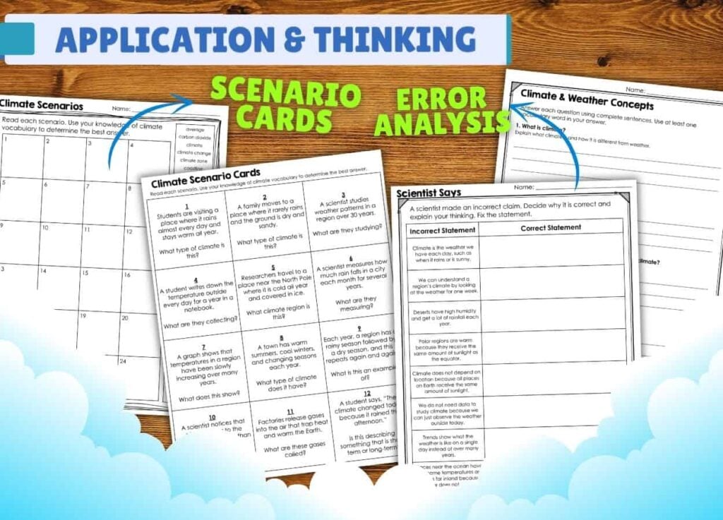A graphic of the Climate Application & Thinking worksheets for upper elementary science, featuring Scenario Cards, Error Analysis, and climate vocabulary prompts on sheets with a blue sky and clouds background.