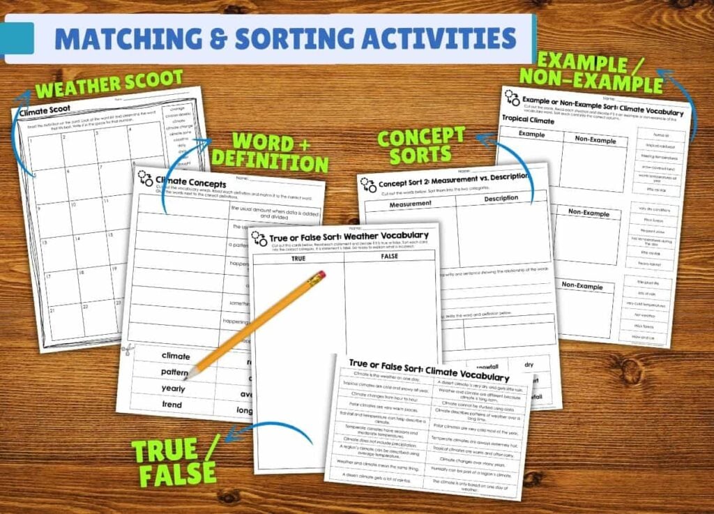 Climate Matching and Sorting features printable upper elementary science worksheets with weather-themed activities like word-definition matching, true/false, word study, and climate vocabulary sorts&mdash;shown labeled on a wooden surface with a pencil.