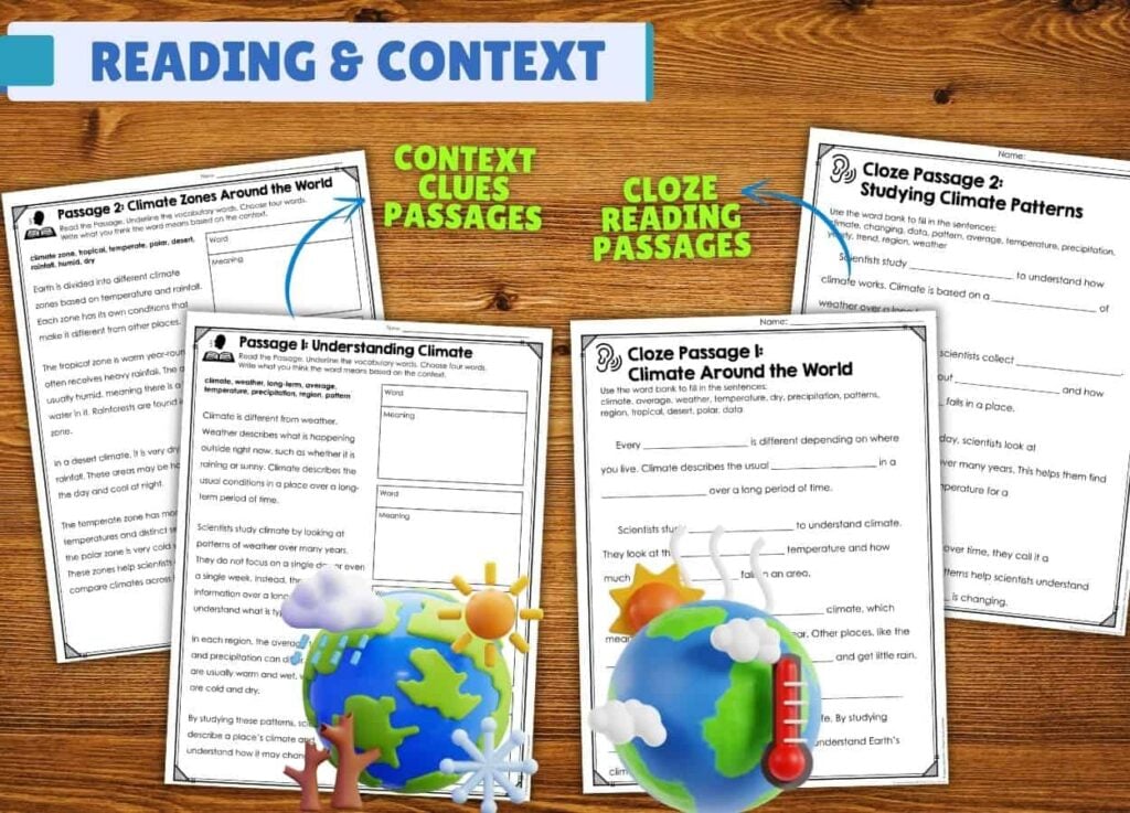 Four "Climate Reading in Context" worksheets appear on a wooden surface with colorful globe and weather icons, ideal for upper elementary science or climate vocabulary tasks. Text includes &ldquo;READING & CONTEXT,&rdquo; &ldquo;CONTEXT CLUES PASSAGES,&rdquo; and &ldquo;CLOZE READING PASSAGES.&rdquo;.
