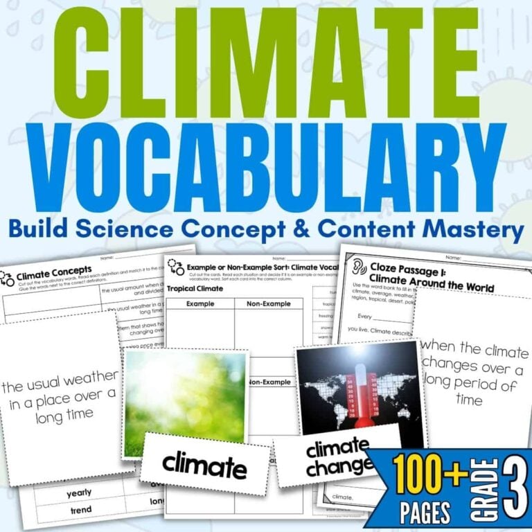 The Climate Vocabulary Activities cover for Grade 3 features worksheets, word study cards, images, and highlights “Build Science Concept & Content Mastery”—ideal for upper elementary science with over 100 pages of resources.