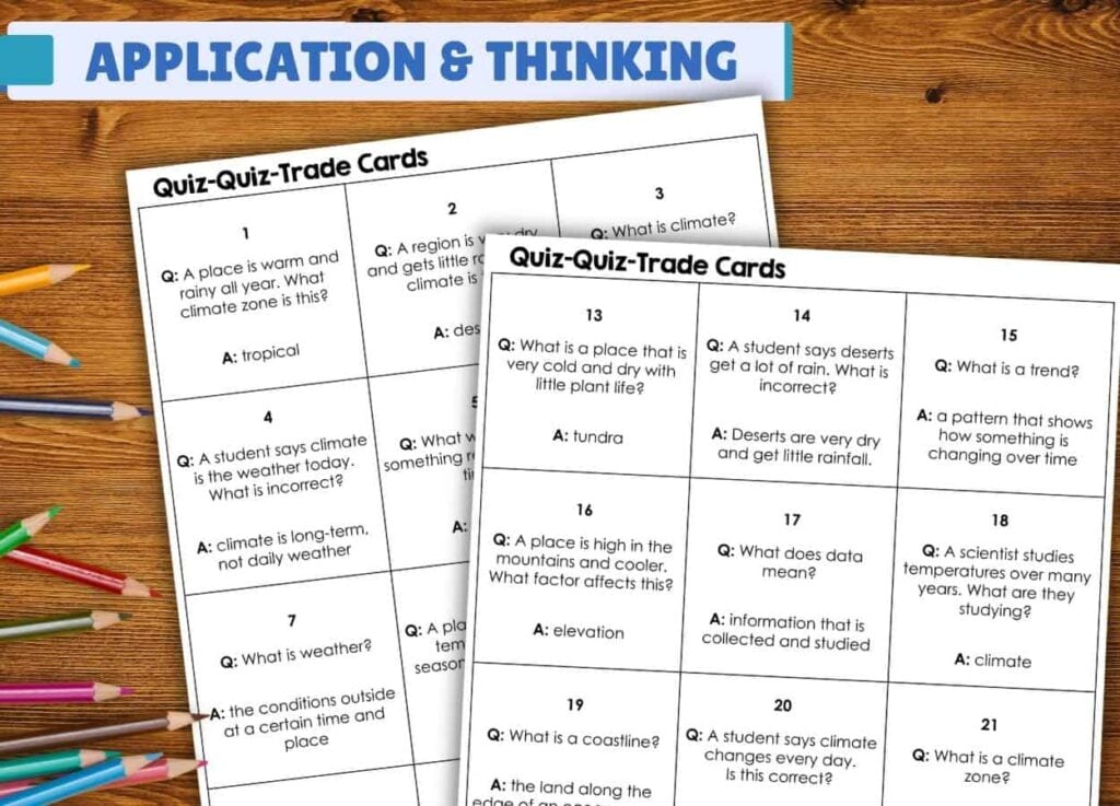 Two Climate quiz quiz trade cards with geography questions and answers are on a wooden table with colored pencils. A blue sign above reads APPLICATION & THINKING&mdash;ideal for Upper Elementary Science or Climate Vocabulary activities.
