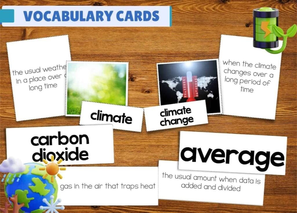 Climate vocabulary cards for upper elementary science feature terms like climate, climate change, and carbon dioxide with definitions. Earth and plant graphics make these cards engaging for word study on a wooden surface.
