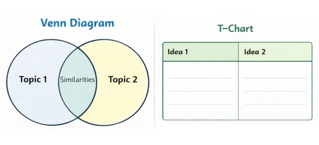 The Compare and Contrast Organizer features a Venn diagram comparing Topic 1 and Topic 2 with an overlap for similarities, alongside a T-chart that has columns for Idea 1 and Idea 2, each with space underneath for notes.