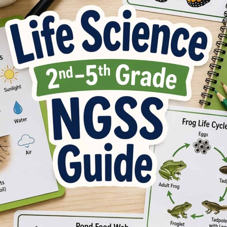 Text reads “Life Science NGSS Guide.” The background displays engaging life science diagrams, such as a frog life cycle, food web, and vibrant illustrations of sunlight, water, and air.