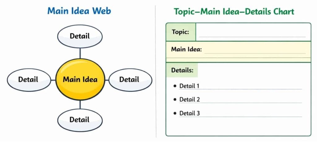 Compare two Main Idea Graphic Organizers: a web with one center circle and four surrounding Detail circles, and a chart divided into Topic, Main Idea, and Details sections to help organize information.