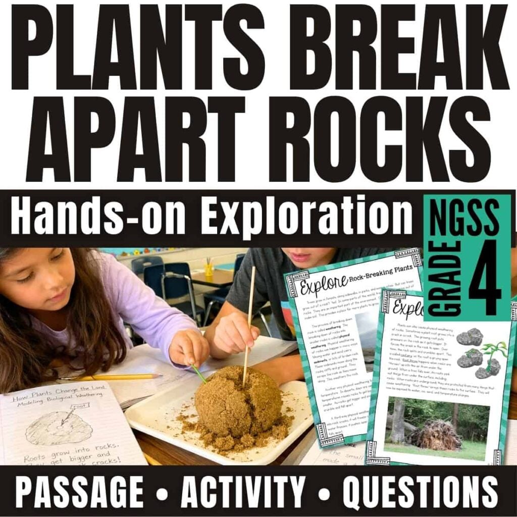 Two kids do a weathering activity with soil, worksheets, and pencils under the headline "Plants that Break Apart Rocks Cover&mdash;Hands-on Exploration, NGSS Grade 4 Passage, Activity, Questions.