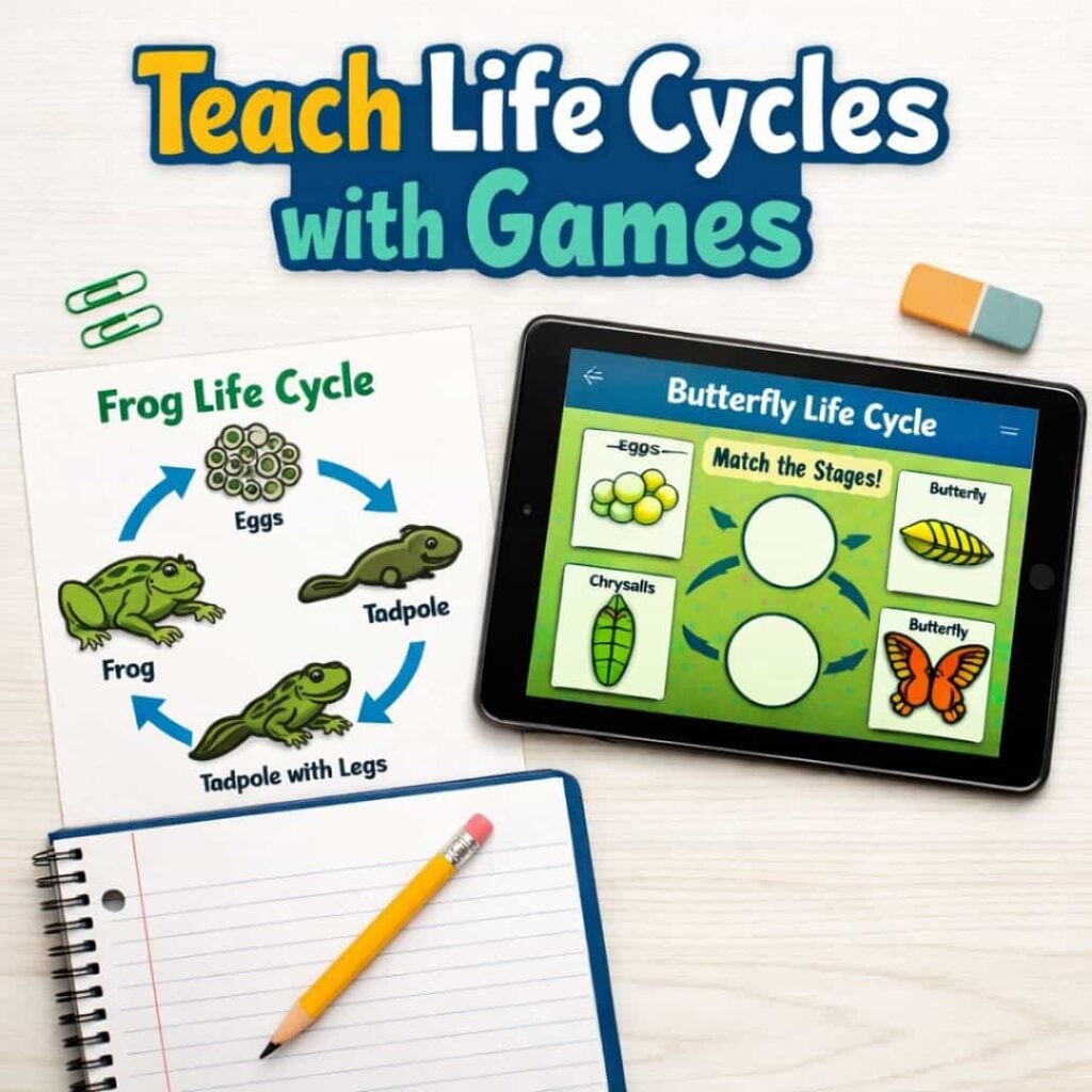 A desk with SQUARE Animal Life Cycle Games, a worksheet showing a frog life cycle, and school supplies. Text reads: Teach Life Cycles with SQUARE Animal Life Cycle Games.