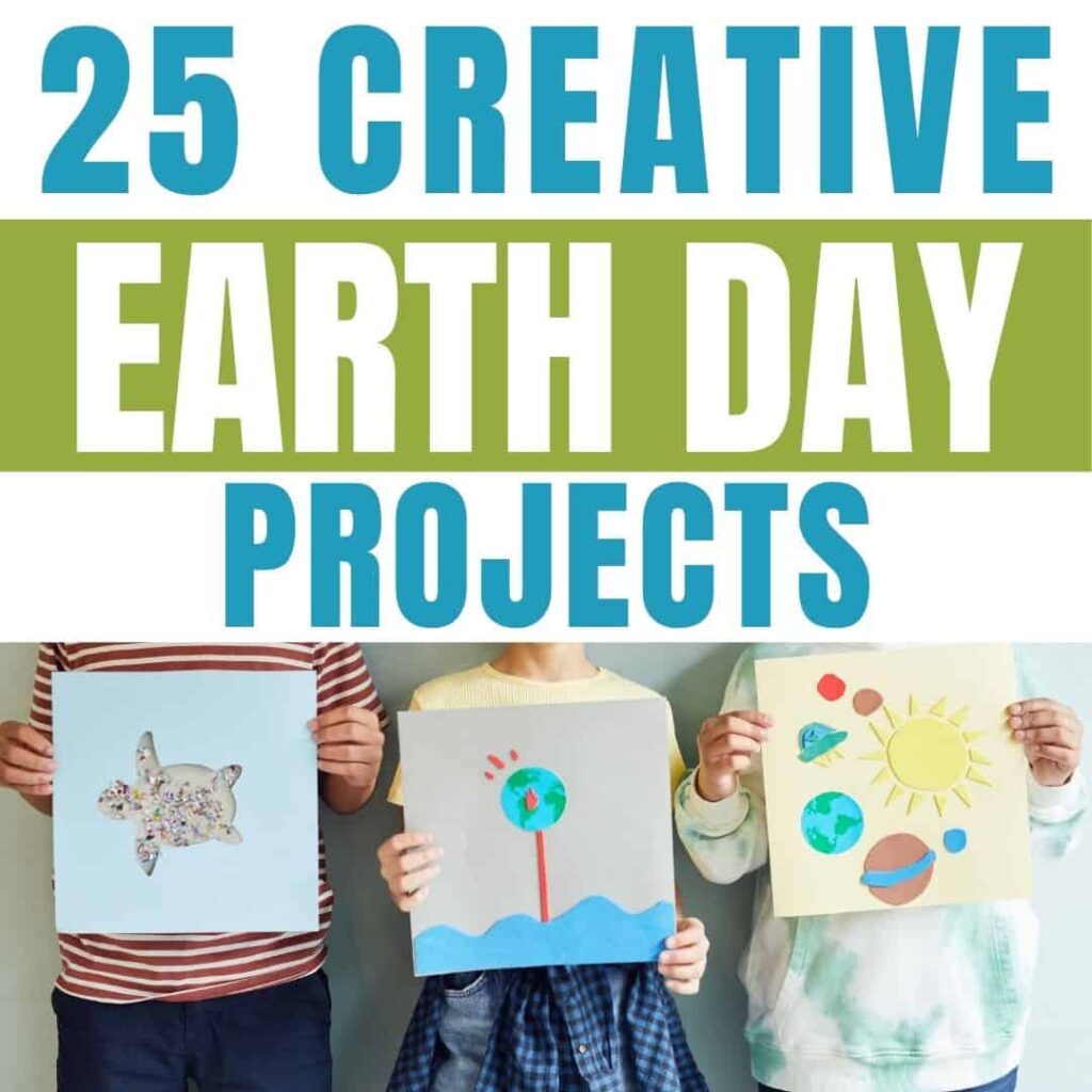 Three kids display handmade Earth Day art&mdash; a turtle collage, an Earth with a plant, and planets. Above, text reads "SQUARE Creative Earth Day Projects (1)&mdash;perfect activities for students.